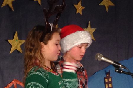 Grade 5 students Pheobe Fawcett and Sidney Smienk were the two narrators at the Hume Elementary Christmas Concert. â€” Deb Fuhr photos, The Nelson Daily